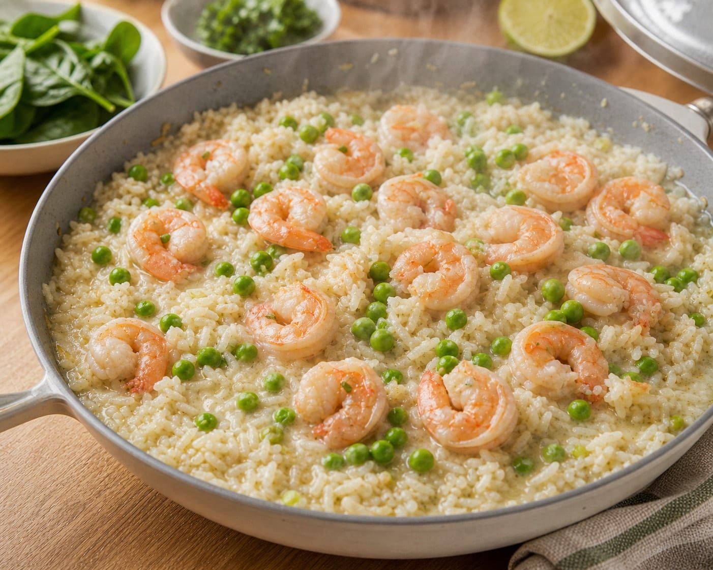 Prawn Pea Coconut Rice cooking step 4: Add prawns and peas.