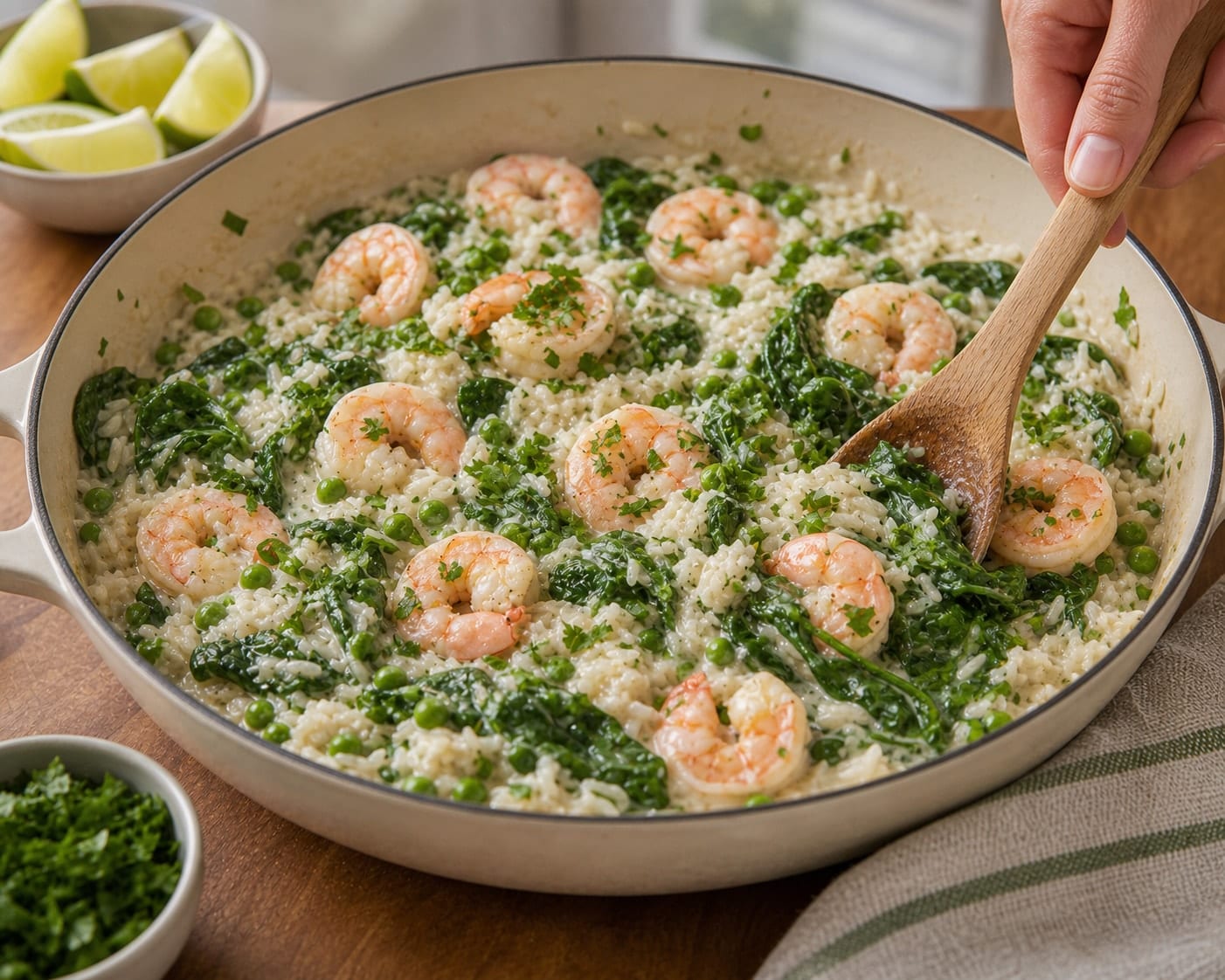 Prawn Pea Coconut Rice cooking step 5: Fold in spinach.