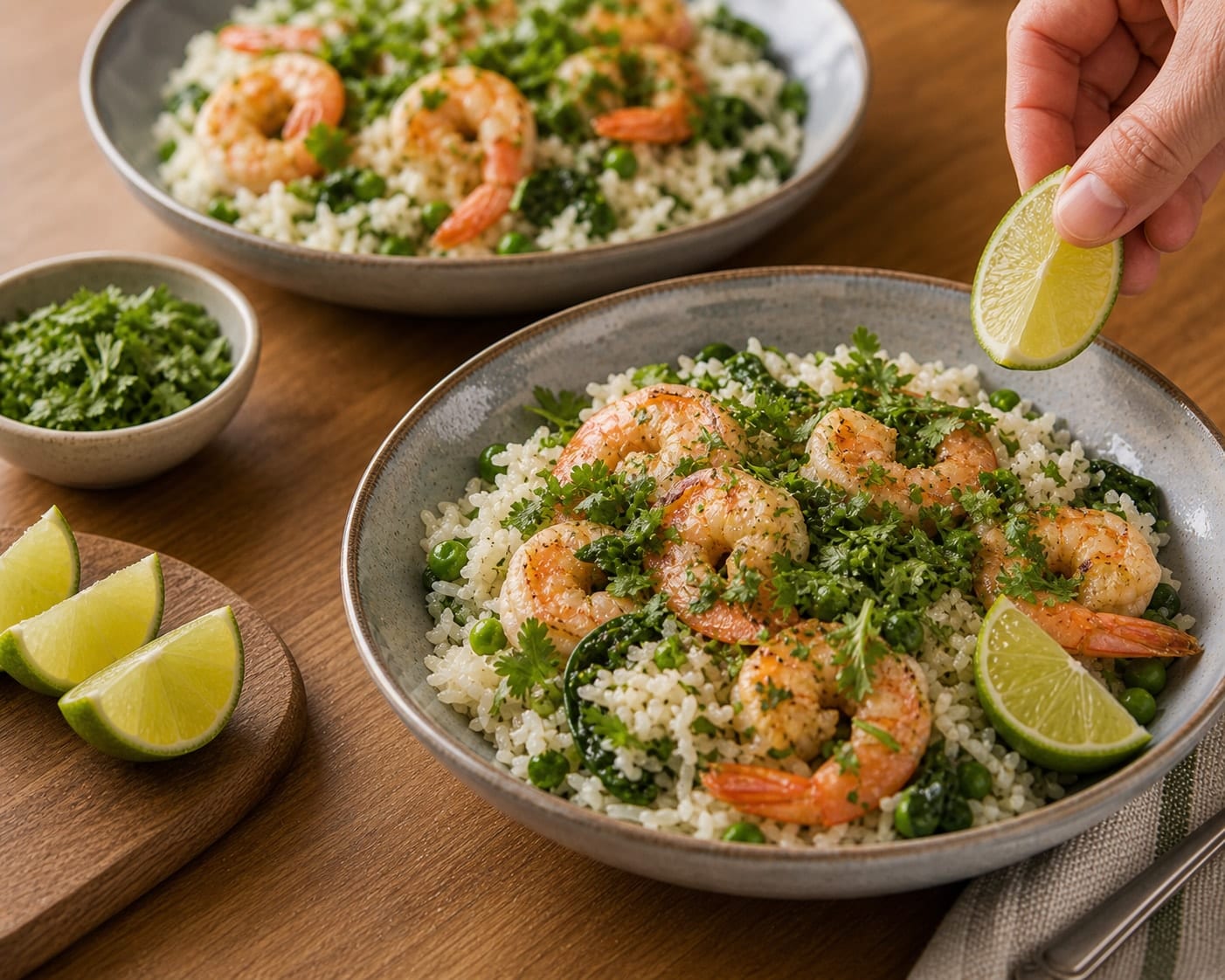Prawn Pea Coconut Rice cooking step 6: Serve with lime.