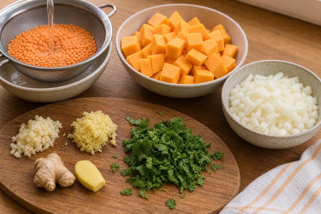 Red Lentil Squash Dal Rice cooking step 1: Prep the dal.