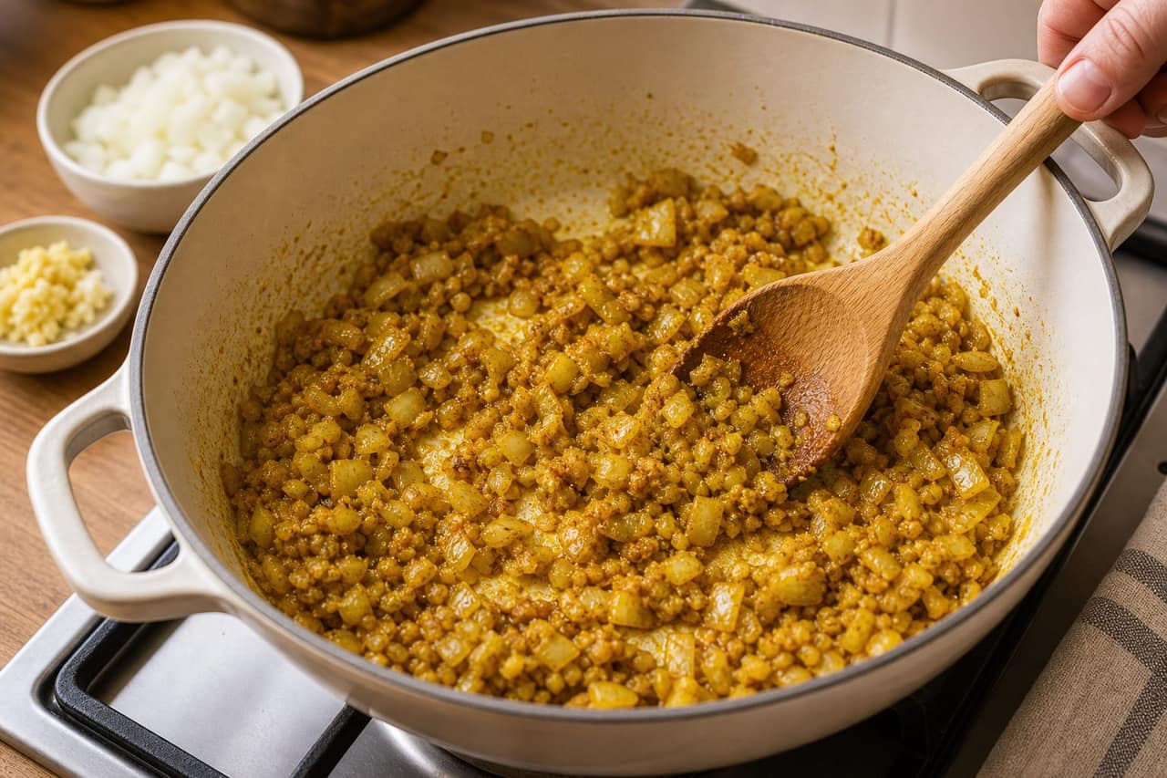 Red Lentil Squash Dal Rice cooking step 3: Build the spice base.