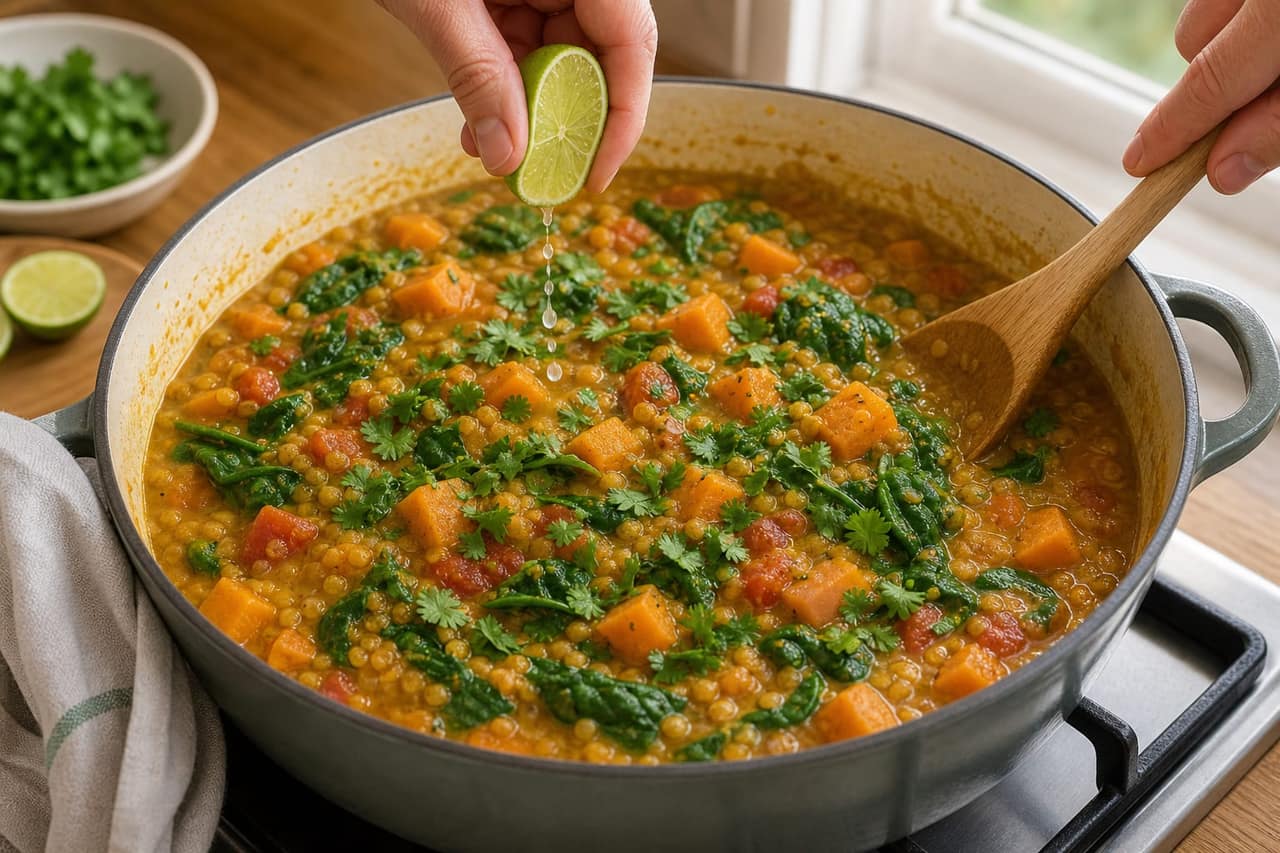 Red Lentil Squash Dal Rice cooking step 5: Wilt and brighten.