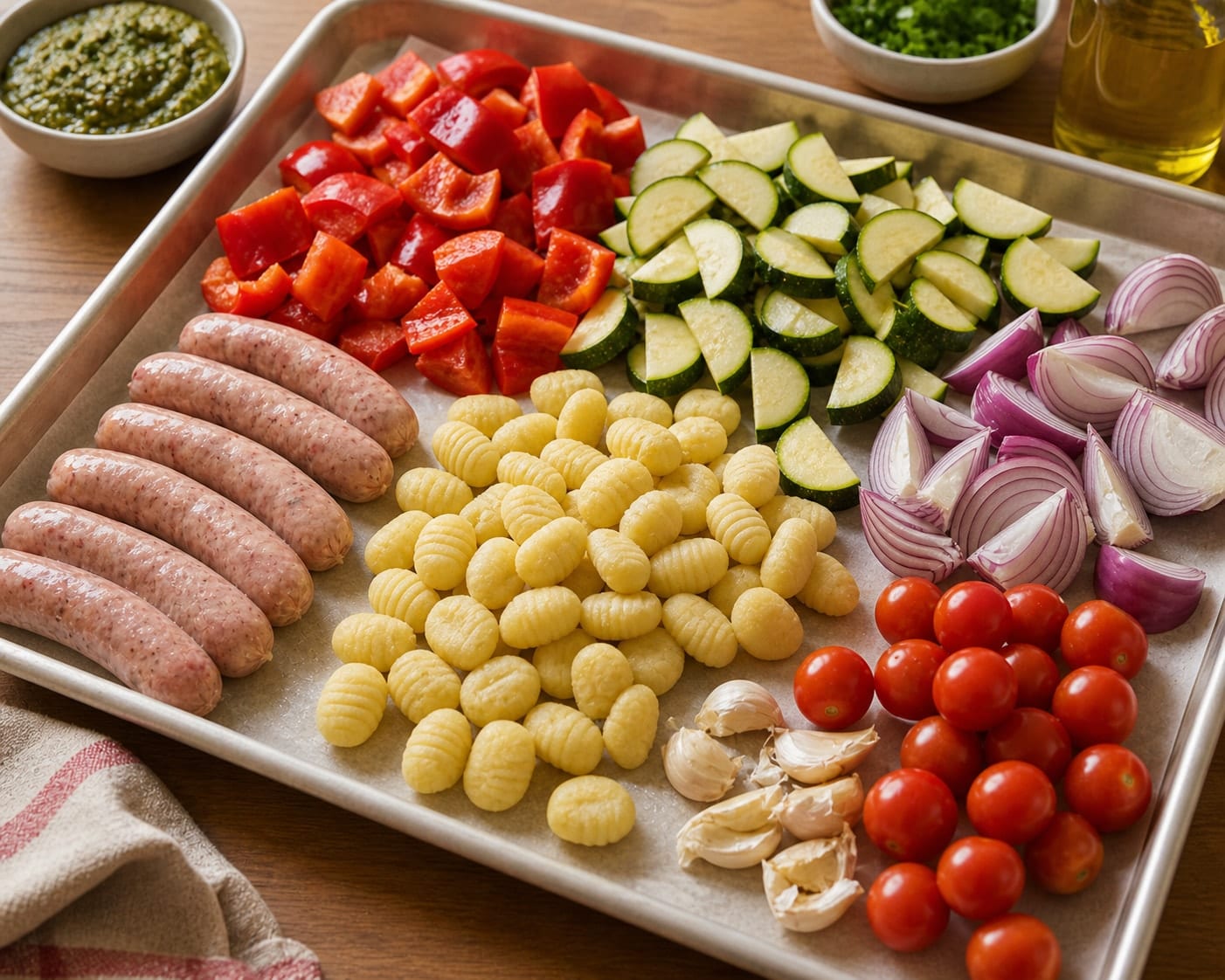 Sausage Pepper Gnocchi Traybake cooking step 1: Prep the tray.
