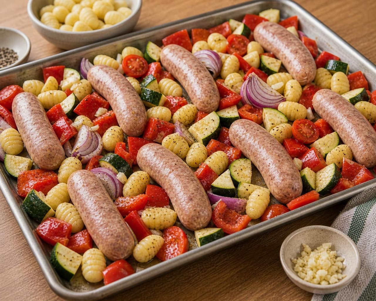 Sausage Pepper Gnocchi Traybake cooking step 2: Start roasting.
