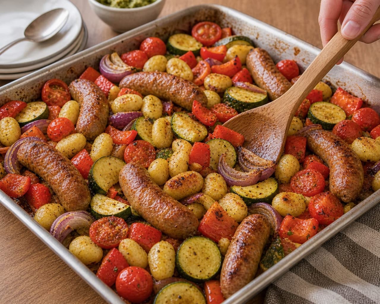 Sausage Pepper Gnocchi Traybake cooking step 3: Turn halfway.