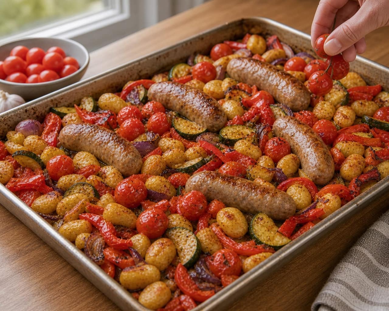 Sausage Pepper Gnocchi Traybake cooking step 4: Add tomatoes.