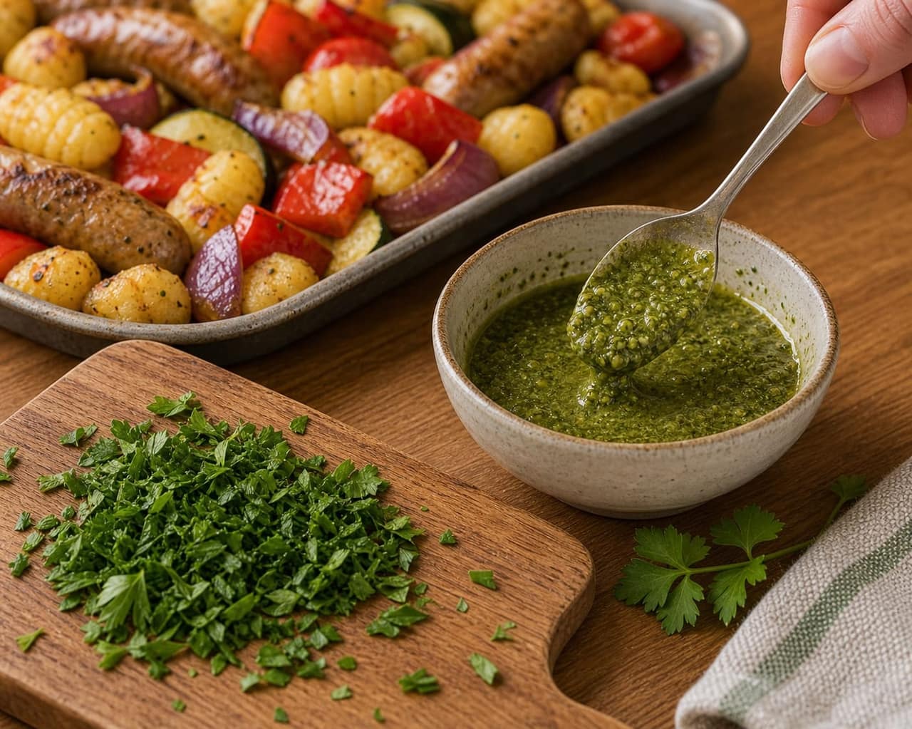 Sausage Pepper Gnocchi Traybake cooking step 5: Loosen the pesto.