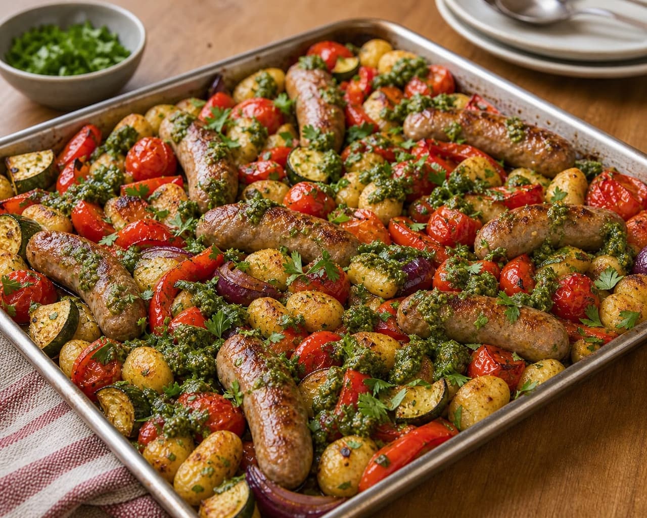 Sausage Pepper Gnocchi Traybake cooking step 6: Finish the tray.