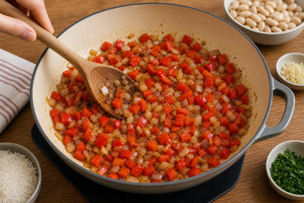 Smoky Butter Bean Pepper Rice cooking step 3: Soften the base.