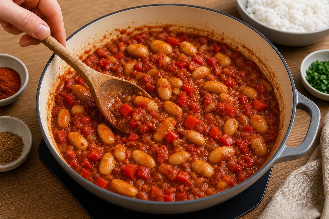 Smoky Butter Bean Pepper Rice cooking step 4: Build the sauce.