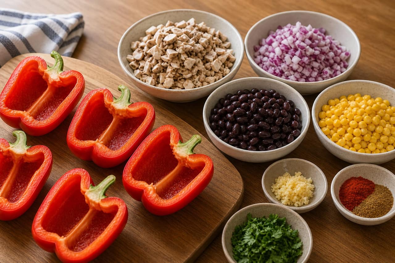 Smoky Mushroom Black Bean Peppers cooking step 1: Prep the peppers and filling.