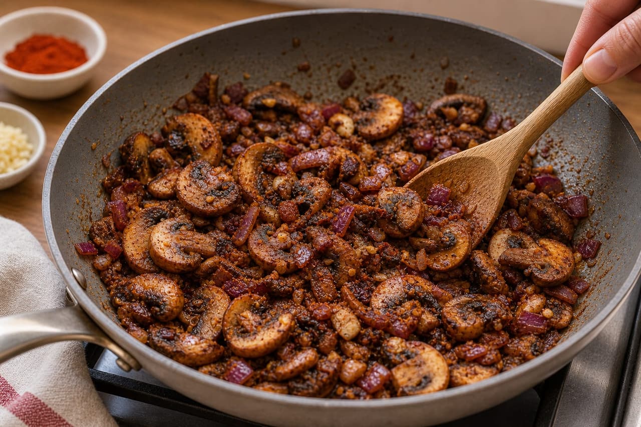 Smoky Mushroom Black Bean Peppers cooking step 3: Cook the mushrooms.
