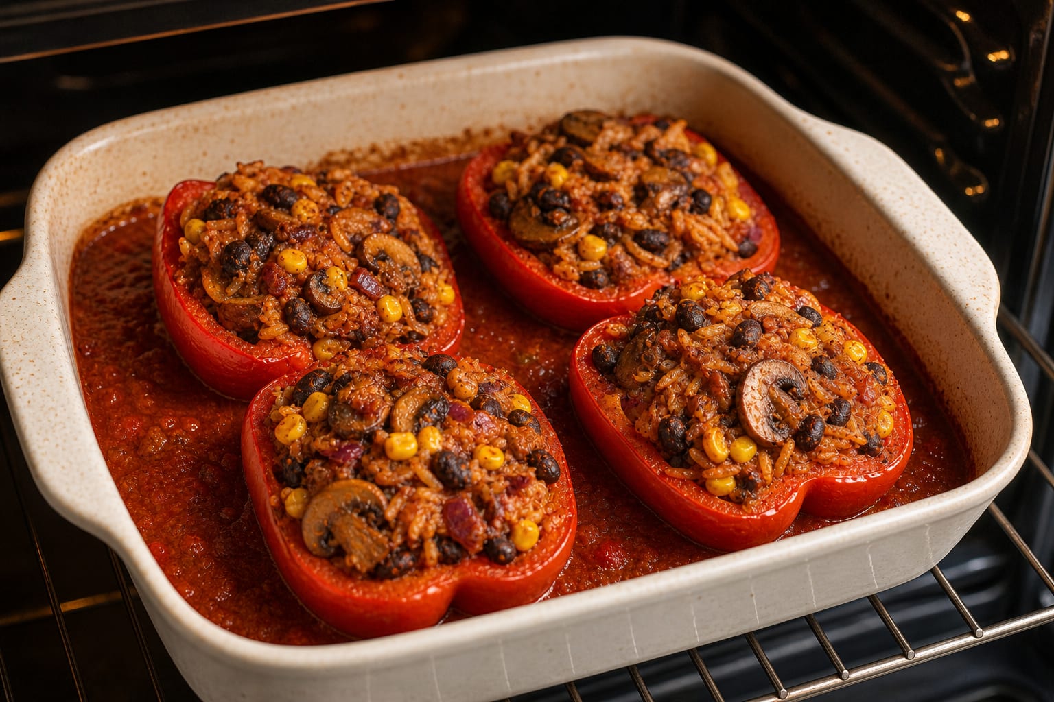 Smoky Mushroom Black Bean Peppers cooking step 5: Fill and bake.