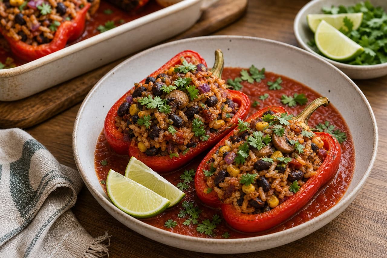 Smoky Mushroom Black Bean Peppers cooking step 6: Finish and serve.