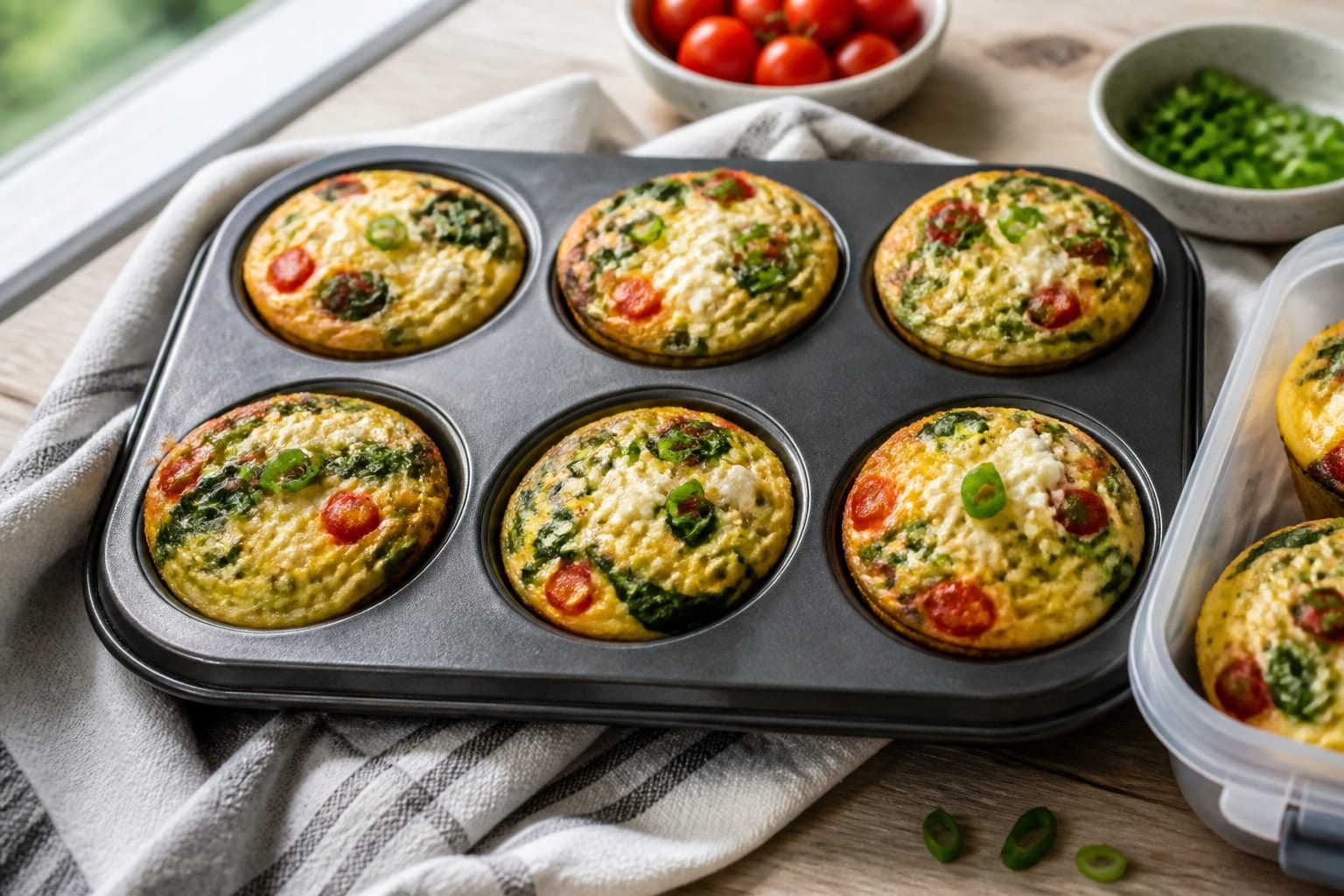 Spinach Feta Egg Breakfast Cups plated and ready to serve.