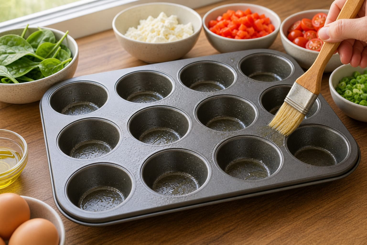 Spinach Feta Egg Breakfast Cups cooking step 1: Prepare the tin.