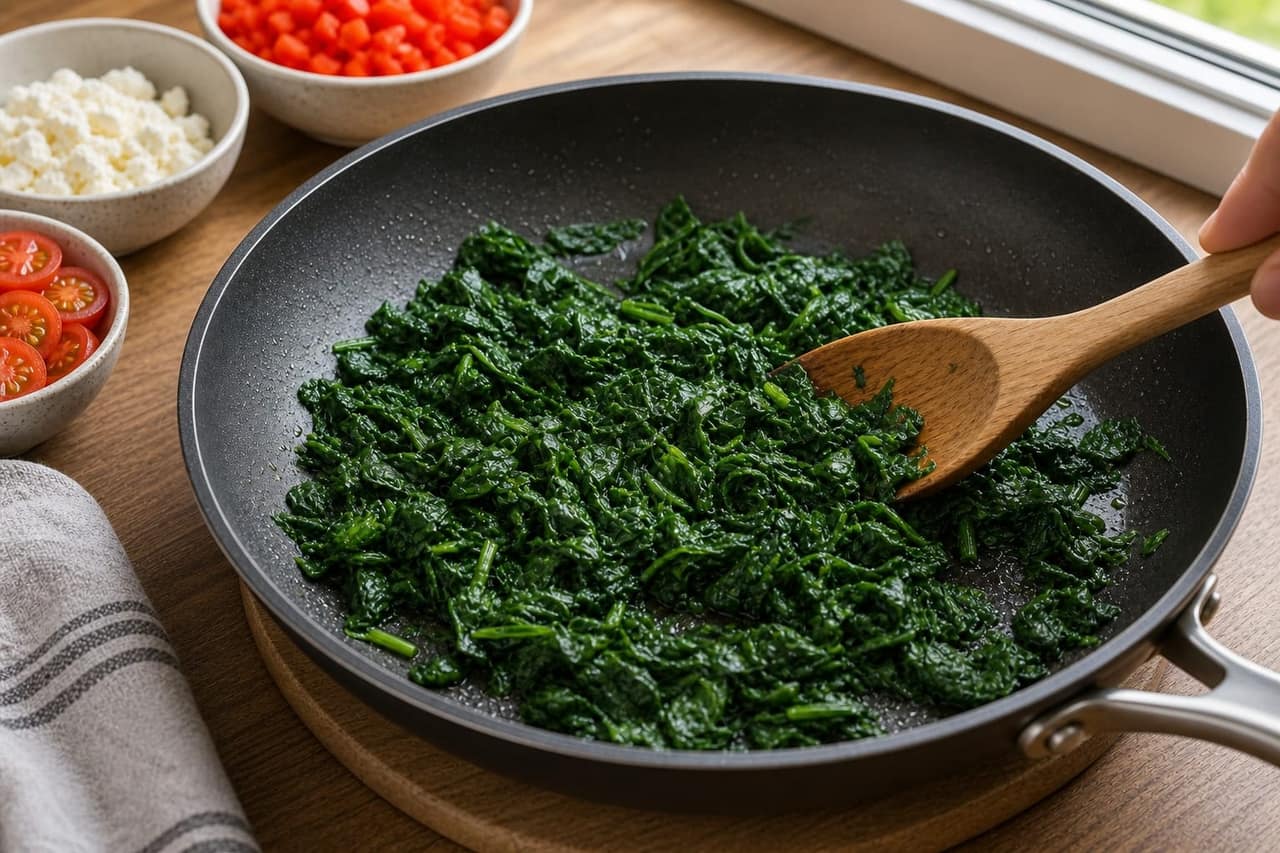 Spinach Feta Egg Breakfast Cups cooking step 3: Soften the spinach.