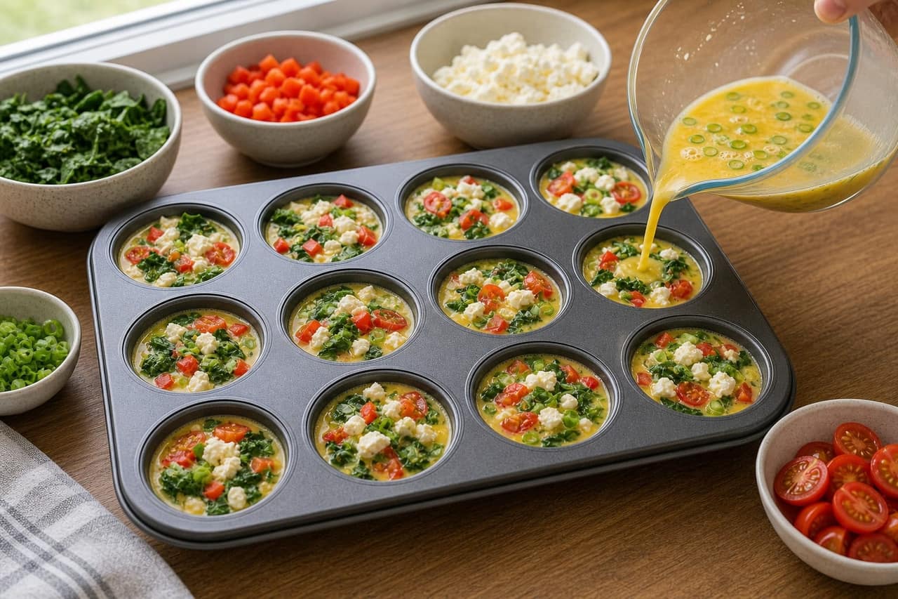 Spinach Feta Egg Breakfast Cups cooking step 5: Fill and bake.