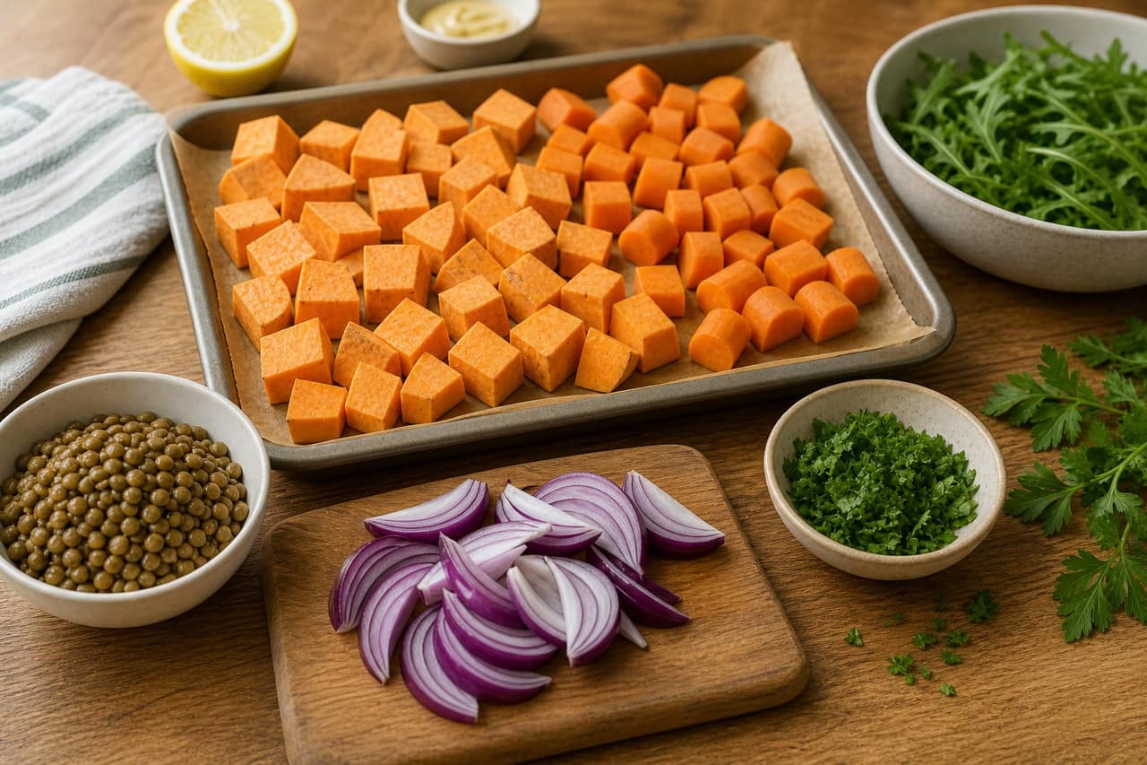 Sweet Potato Lentil Salad Boxes cooking step 1: Prepare the vegetables.