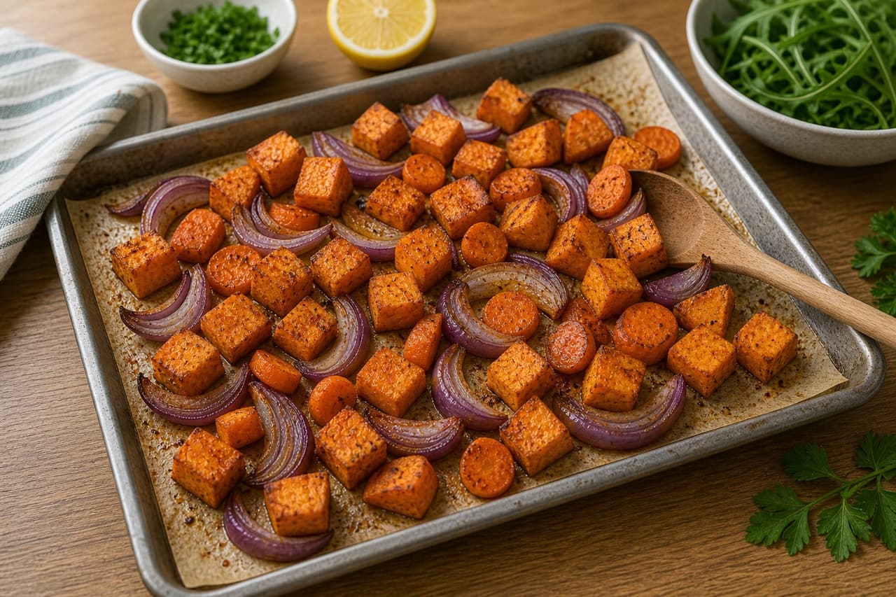 Sweet Potato Lentil Salad Boxes cooking step 2: Roast the roots.