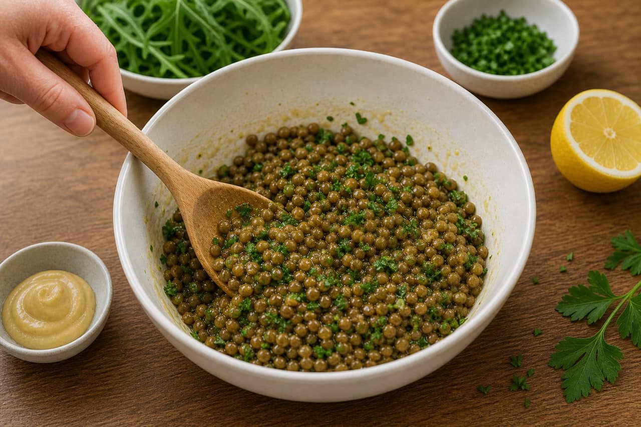 Sweet Potato Lentil Salad Boxes cooking step 4: Dress the lentils.