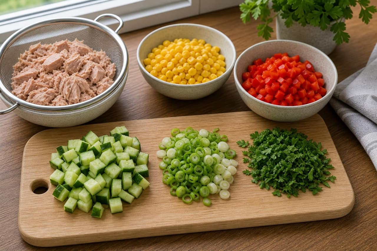 Tuna Sweetcorn Rice Salad Boxes cooking step 2: Prep the salad.