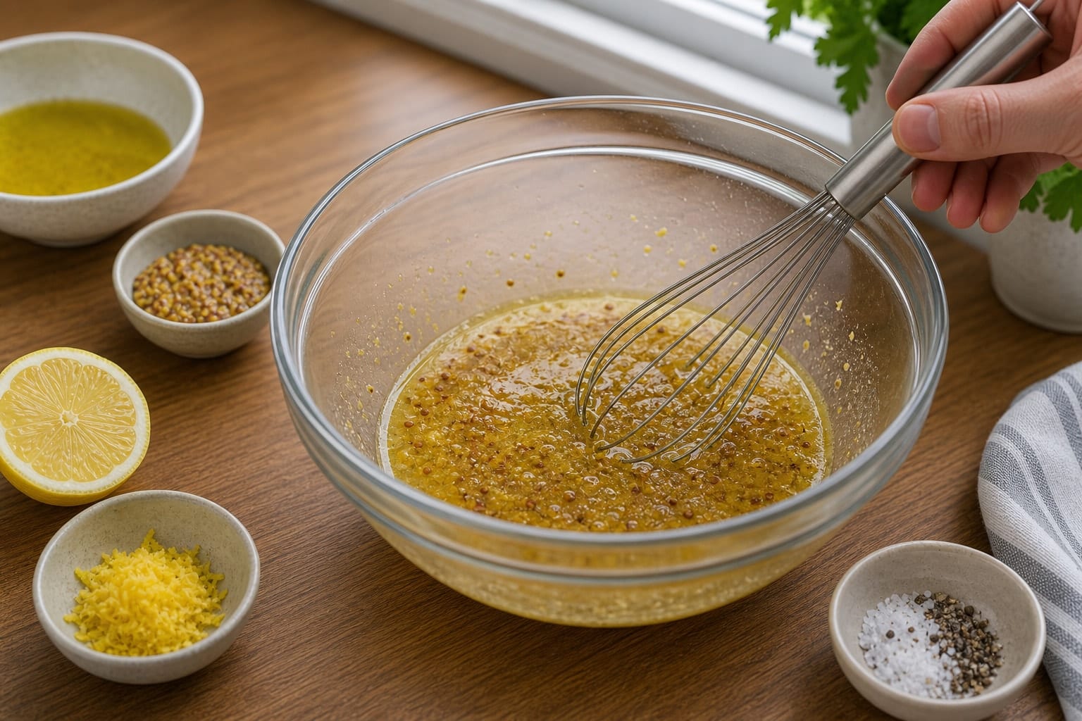 Tuna Sweetcorn Rice Salad Boxes cooking step 3: Whisk the dressing.