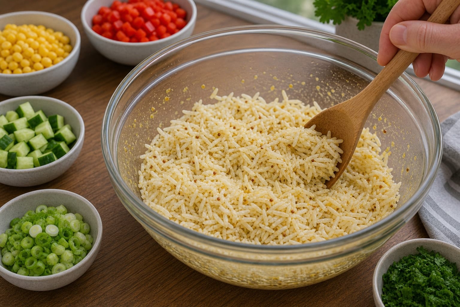 Tuna Sweetcorn Rice Salad Boxes cooking step 4: Dress the rice.