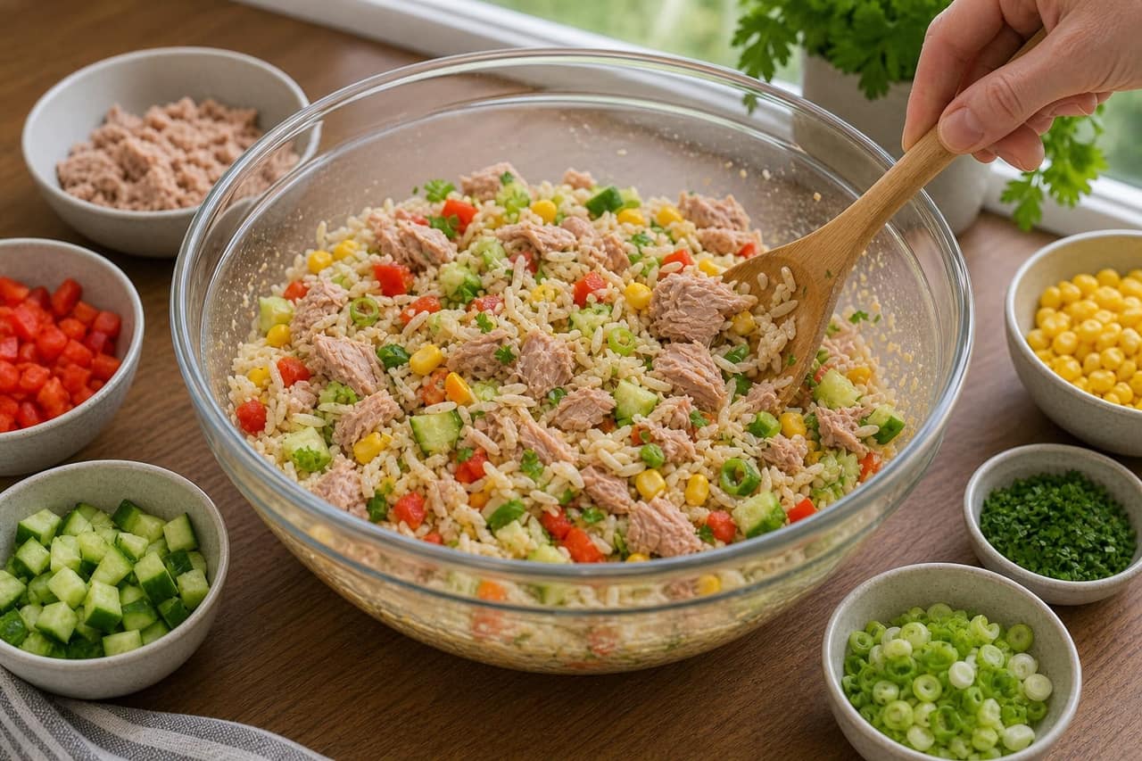 Tuna Sweetcorn Rice Salad Boxes cooking step 5: Fold the salad.