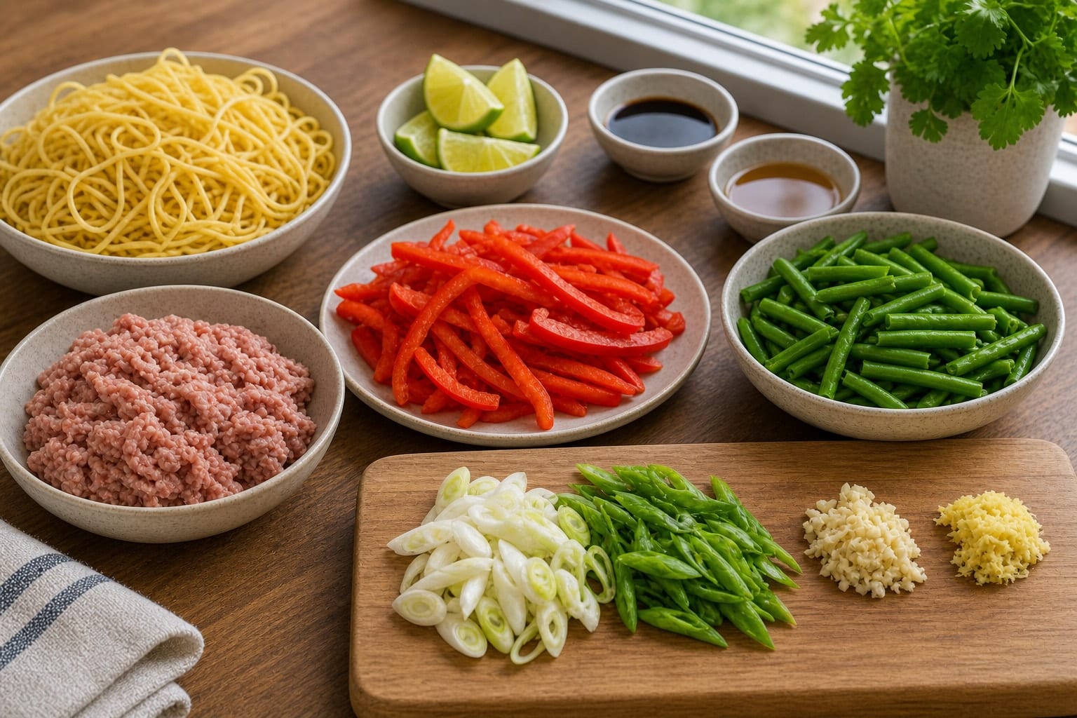 Turkey Pepper Egg Noodle Stir-Fry cooking step 1: Prep the stir-fry.