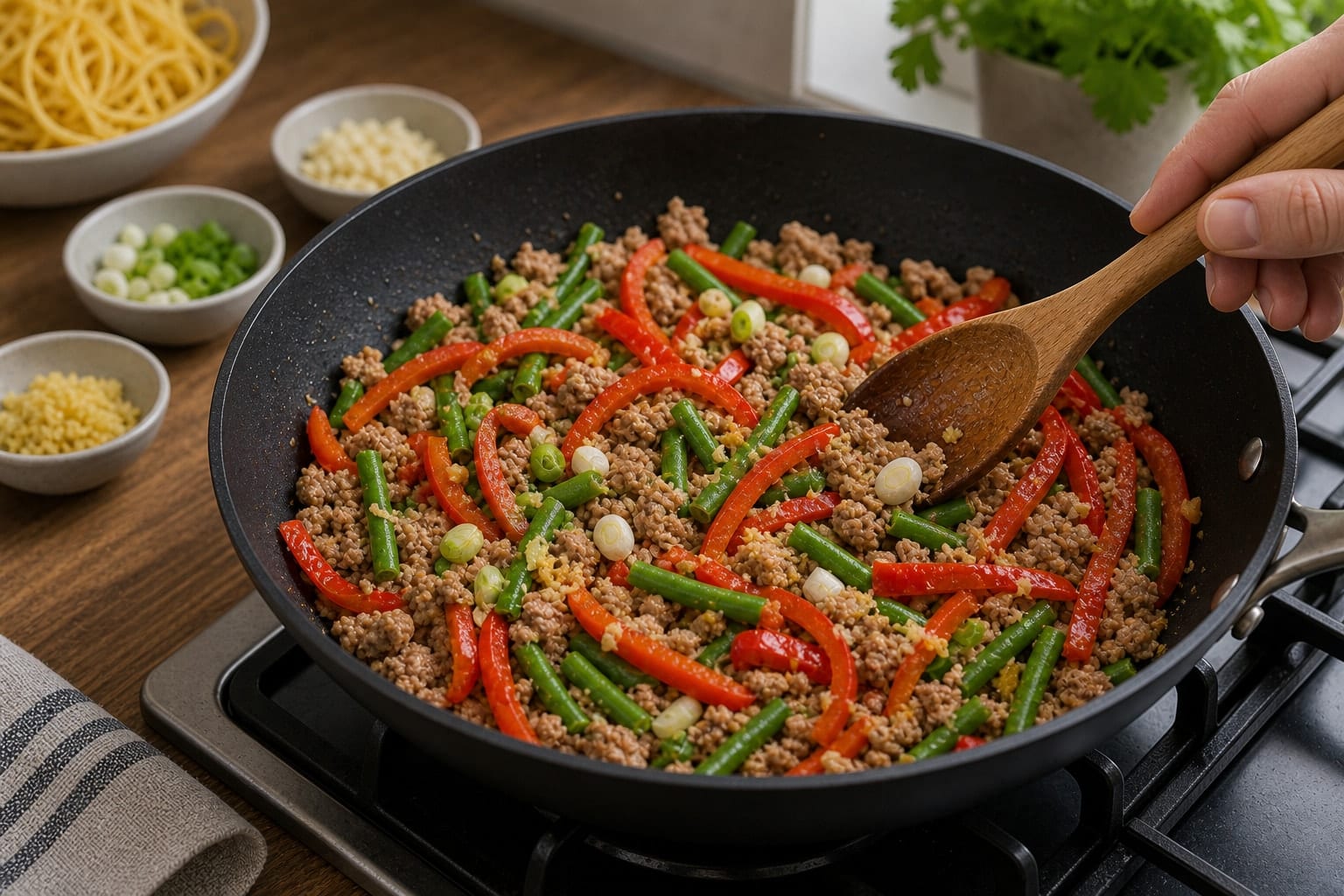 Turkey Pepper Egg Noodle Stir-Fry cooking step 4: Add vegetables.