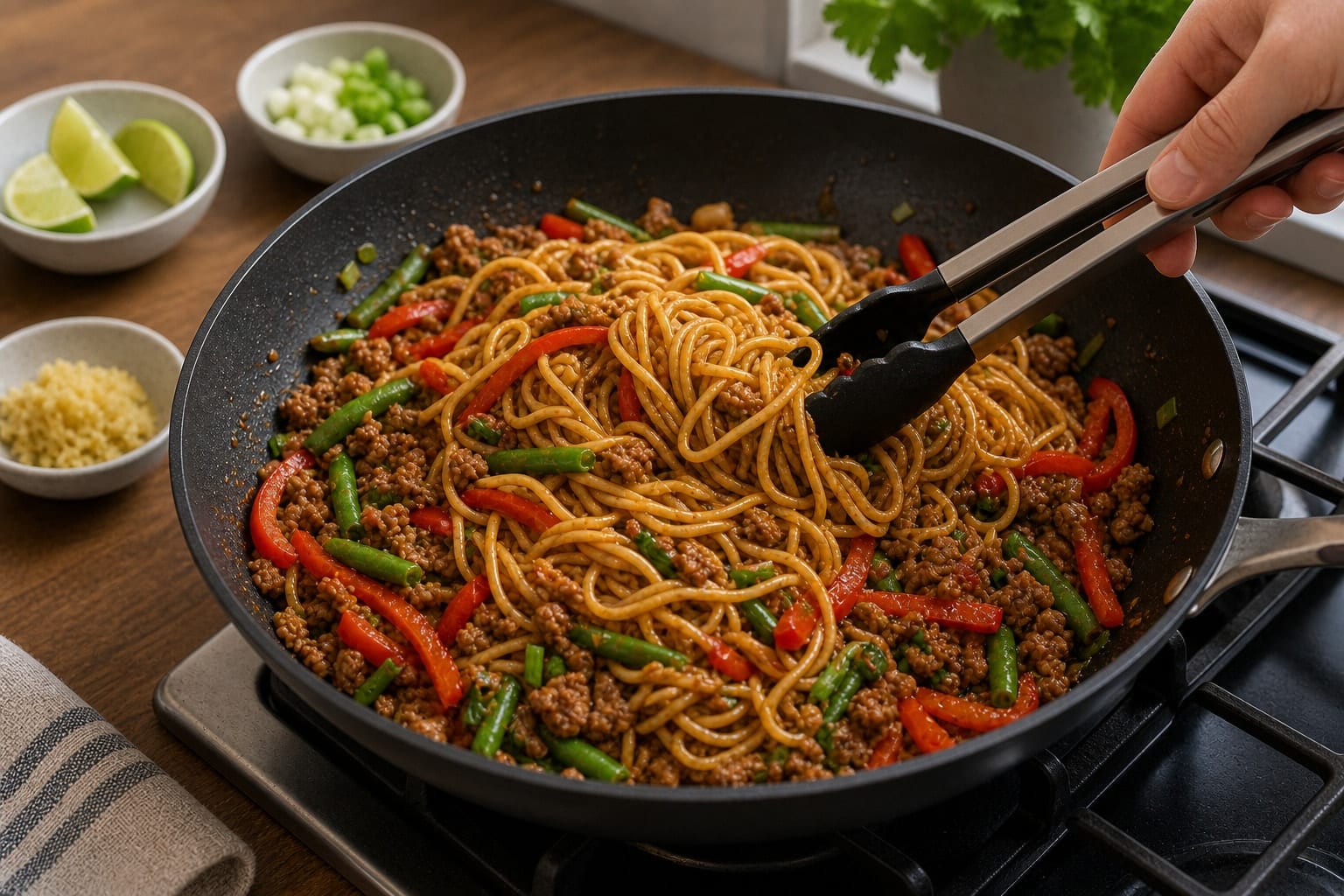 Turkey Pepper Egg Noodle Stir-Fry cooking step 5: Toss with noodles.
