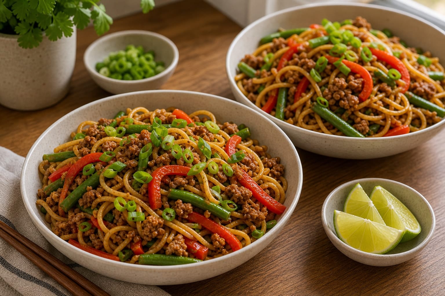 Turkey Pepper Egg Noodle Stir-Fry cooking step 6: Serve with lime.