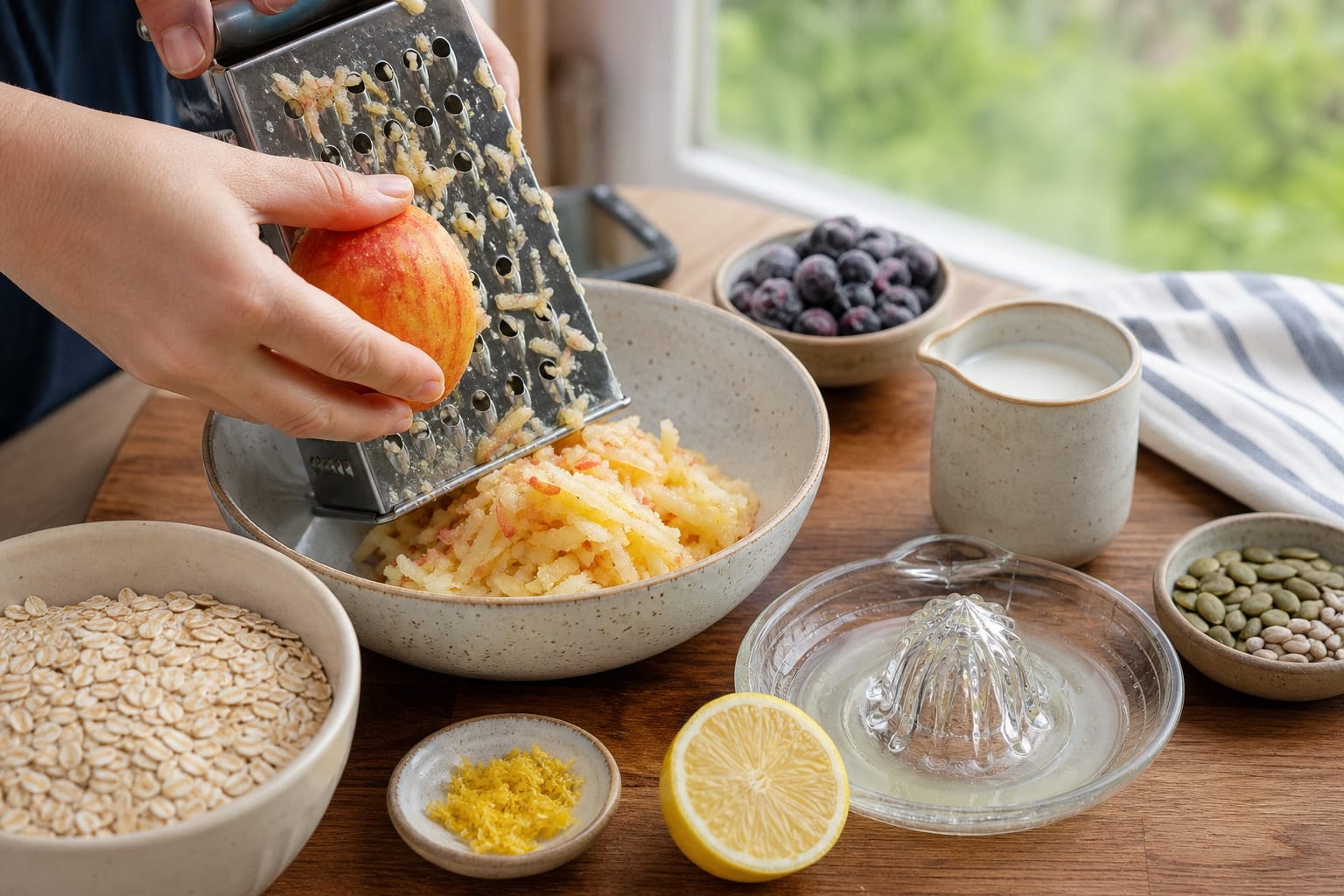 Golden Apple Blueberry Oat Breakfast Bars with Pumpkin Seeds cooking step 2: Prep the fruit.