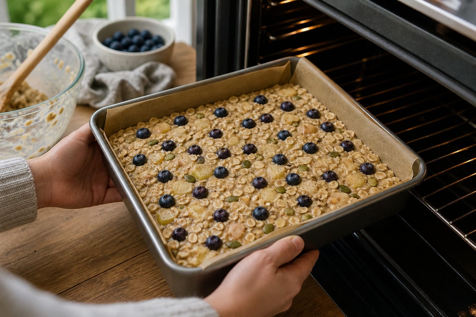 Golden Apple Blueberry Oat Breakfast Bars with Pumpkin Seeds cooking step 4: Fold in berries and bake.