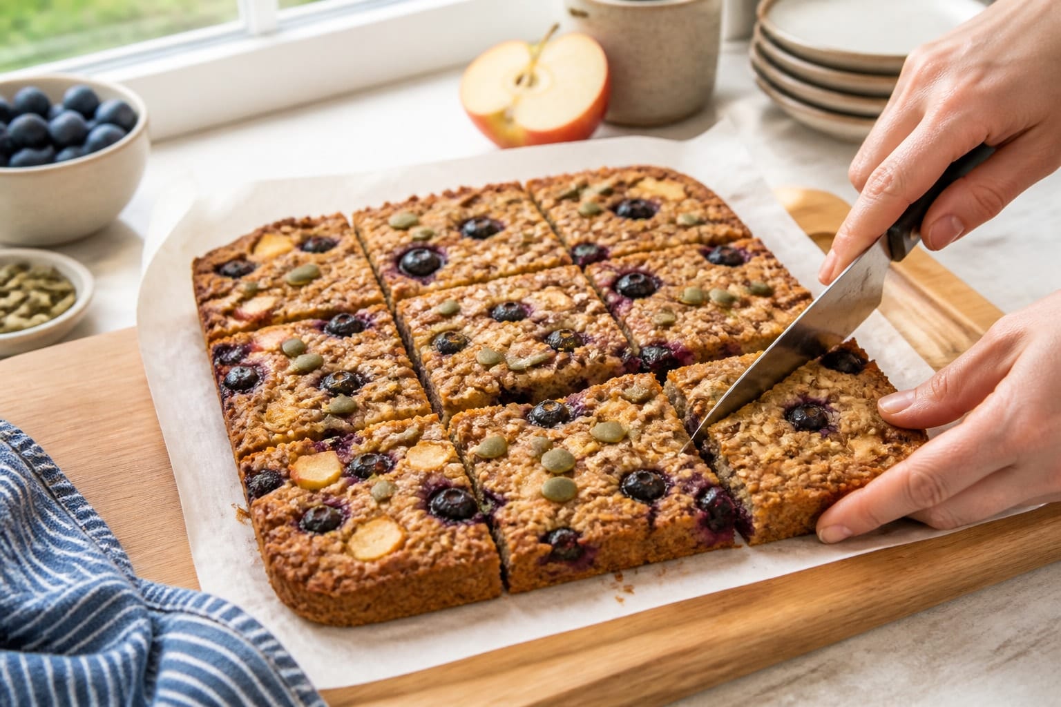 Golden Apple Blueberry Oat Breakfast Bars with Pumpkin Seeds cooking step 5: Cool and slice.