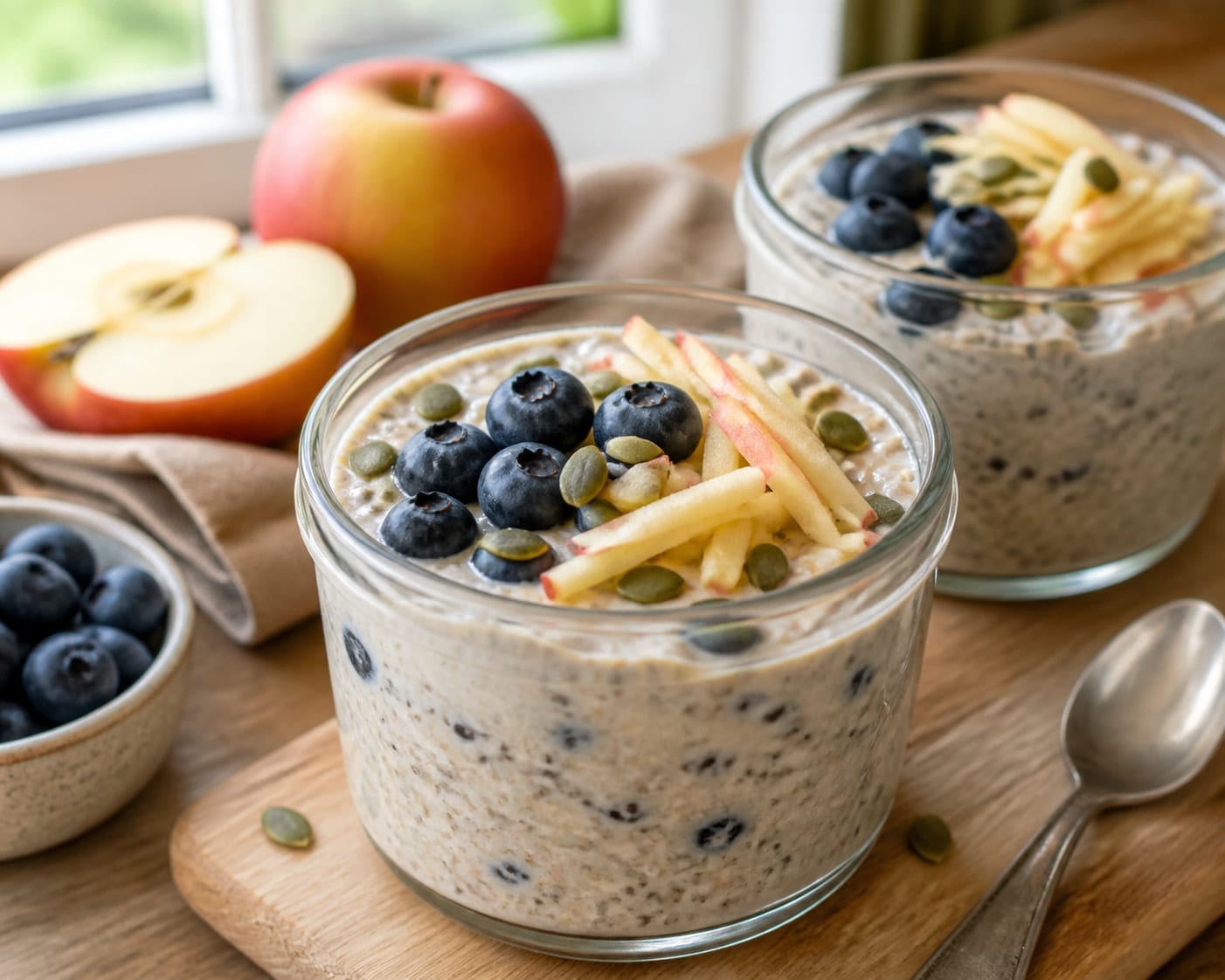 Apple Blueberry Bircher Pots with Pumpkin Seeds plated and ready to serve.