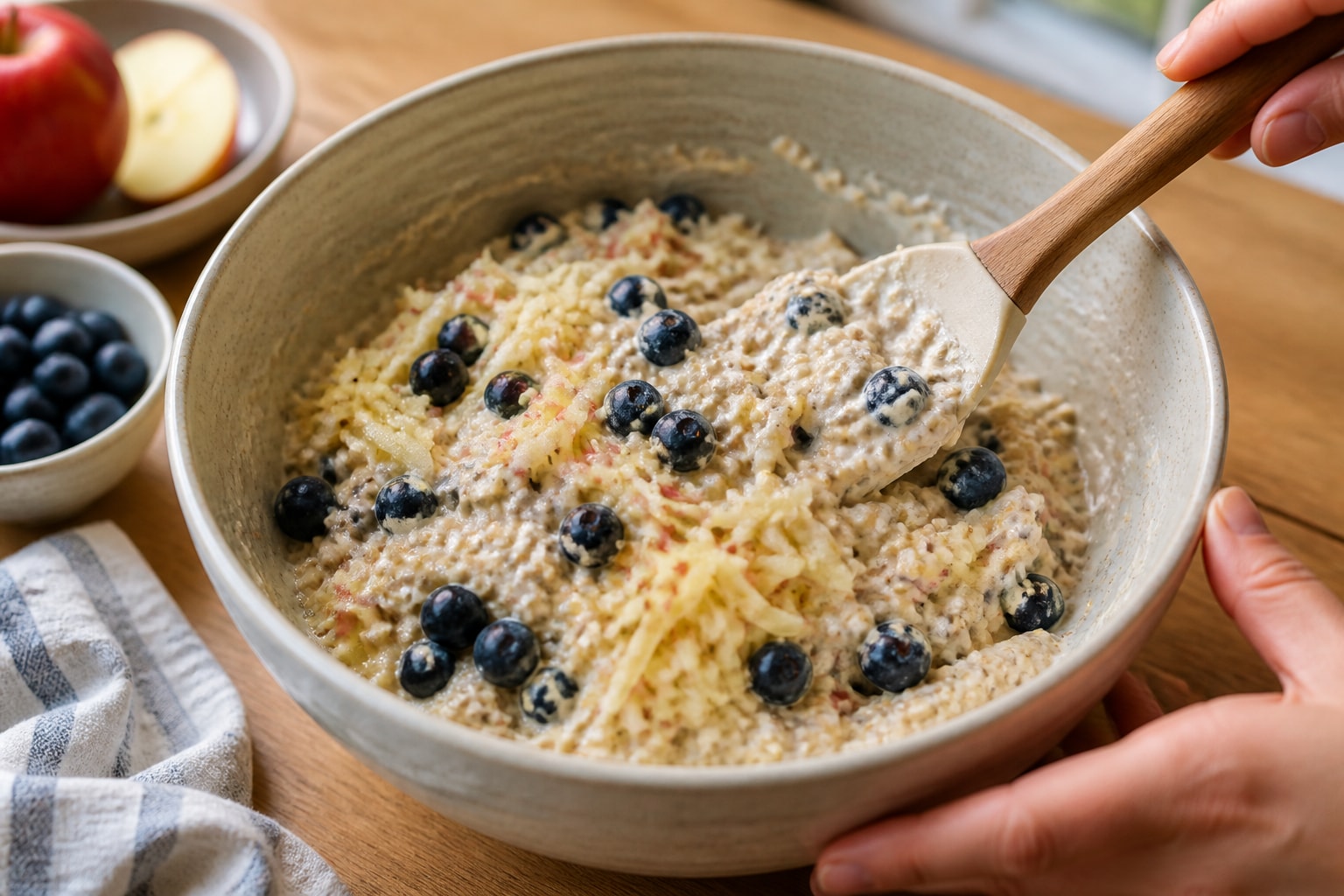 Apple Blueberry Bircher Pots with Pumpkin Seeds cooking step 3: Fold in fruit.