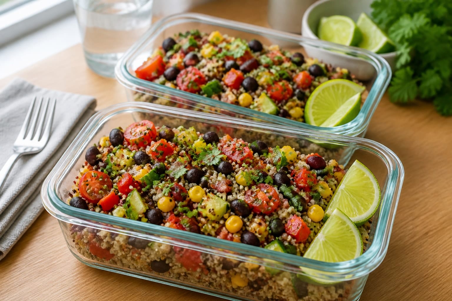 Crunchy Black Bean Quinoa Salad Boxes with Lime plated and ready to serve.