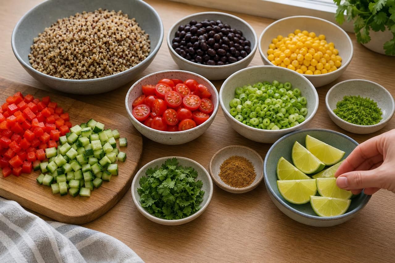 Crunchy Black Bean Quinoa Salad Boxes with Lime cooking step 1: Prep the salad.