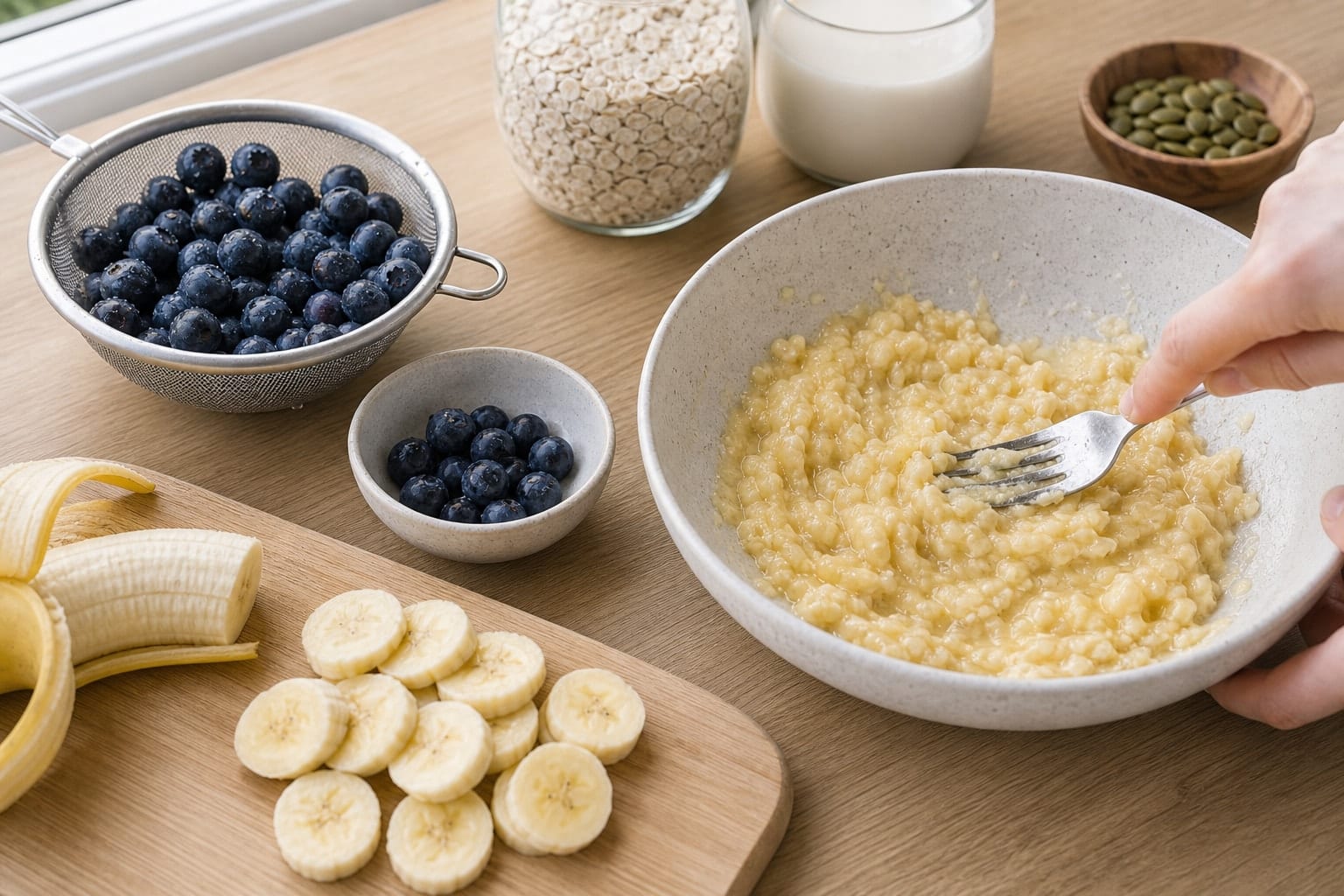 Blueberry Banana Oat Porridge with Pumpkin Seeds cooking guide image for prep the fruit.