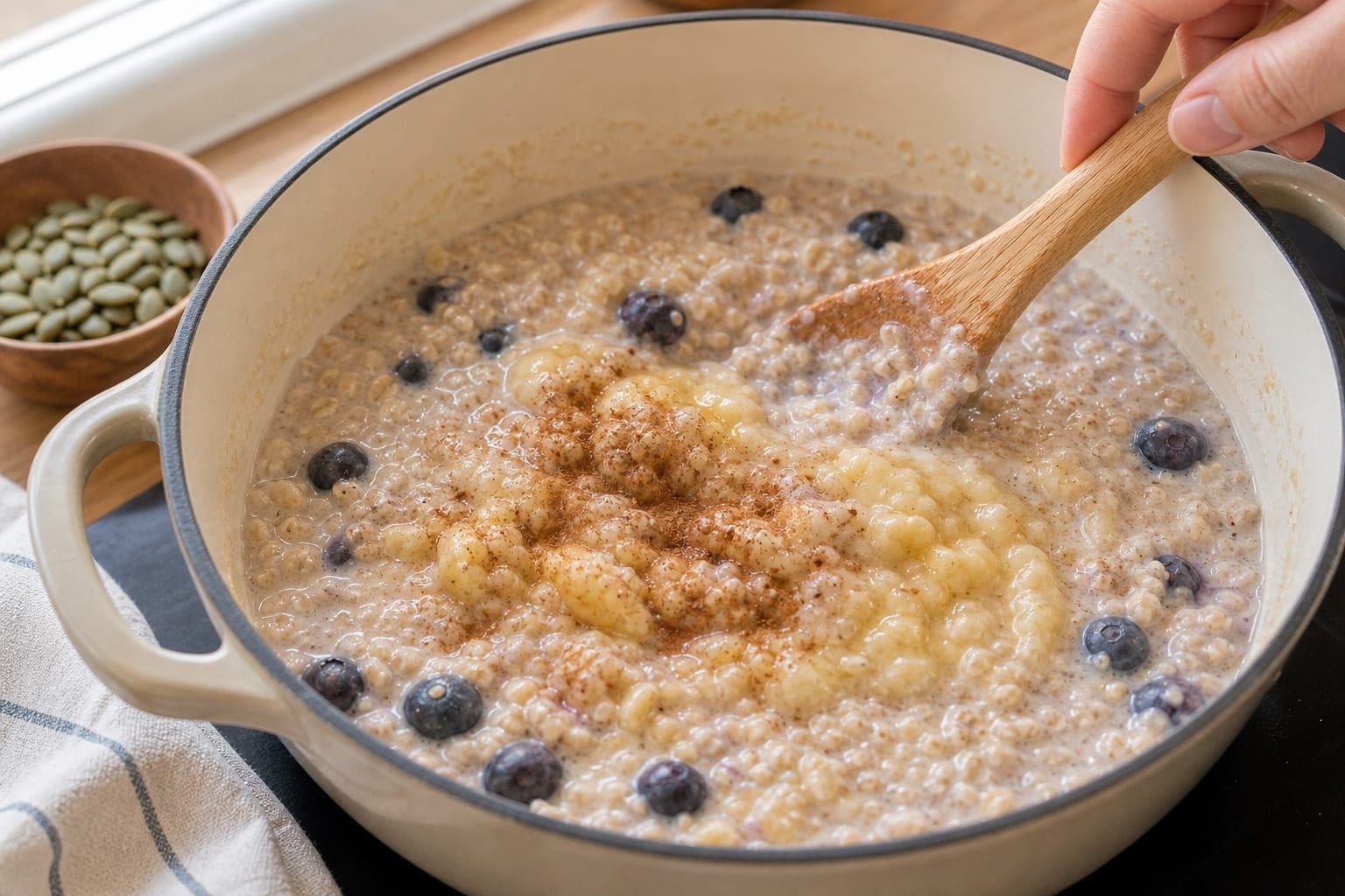 Blueberry Banana Oat Porridge with Pumpkin Seeds cooking guide image for add banana and cinnamon.