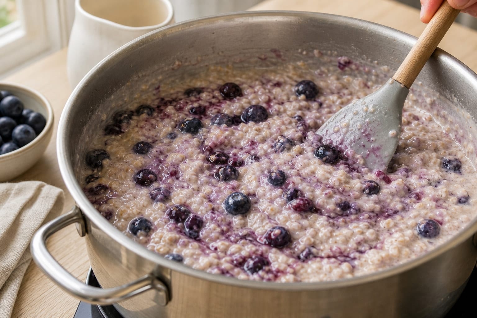 Blueberry Banana Oat Porridge with Pumpkin Seeds cooking guide image for warm the blueberries.