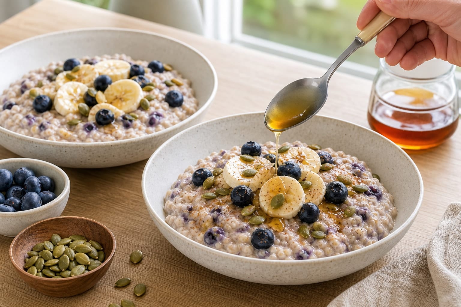 Blueberry Banana Oat Porridge with Pumpkin Seeds cooking guide image for serve the bowls.