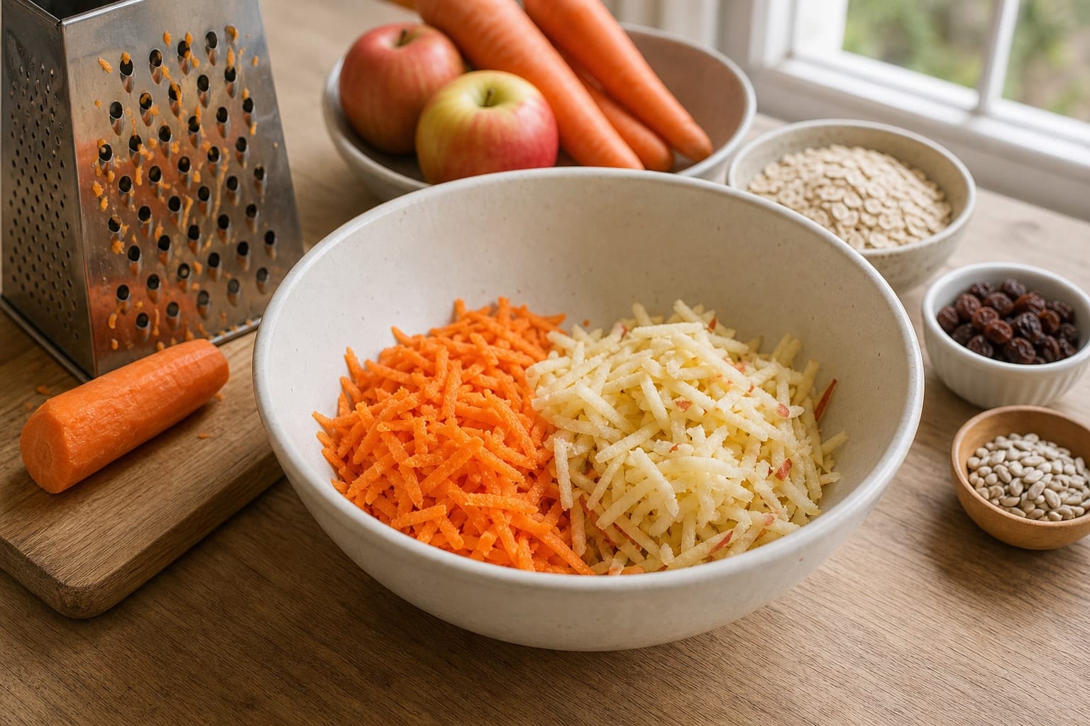Spiced Carrot Apple Oat Breakfast Squares cooking step 2: Grate the fruit and veg.