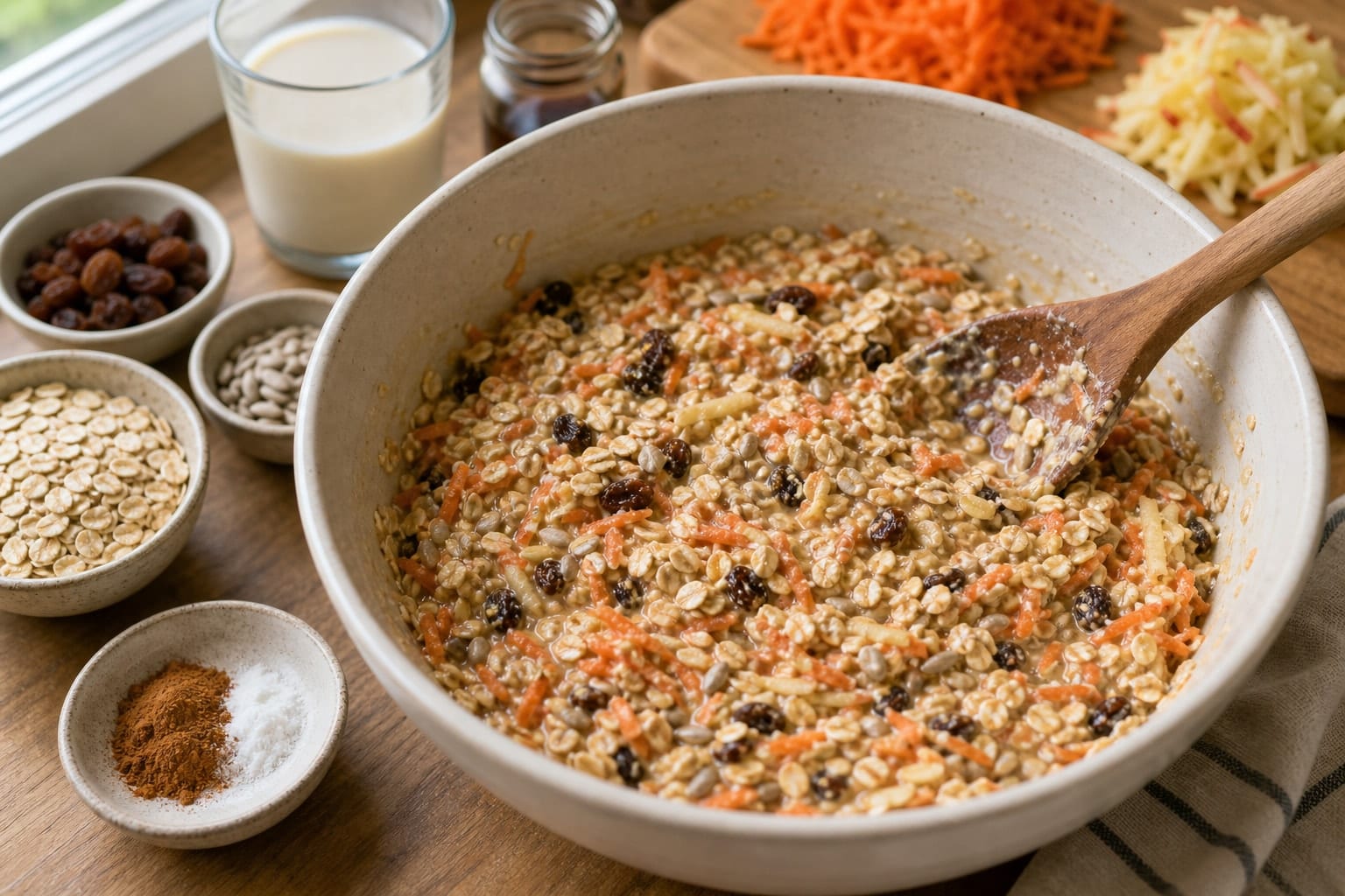 Spiced Carrot Apple Oat Breakfast Squares cooking step 3: Mix the oats.