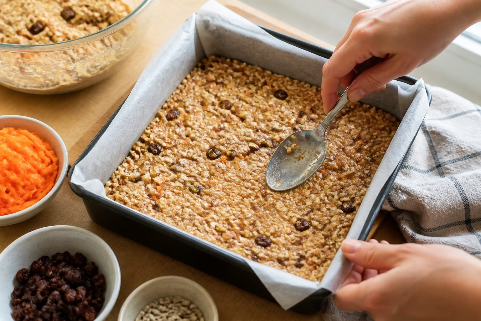Spiced Carrot Apple Oat Breakfast Squares cooking step 4: Fill the tin.
