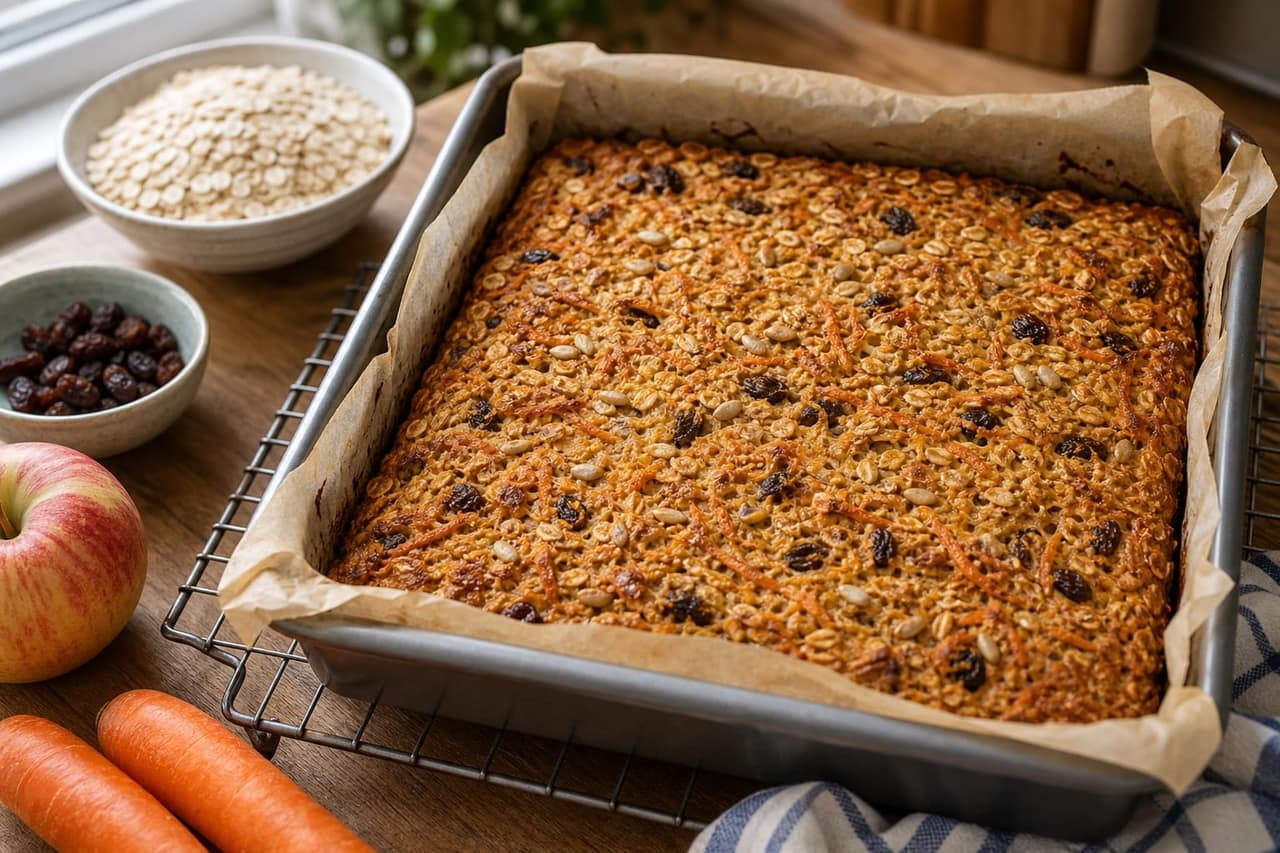 Spiced Carrot Apple Oat Breakfast Squares cooking step 5: Bake until set.