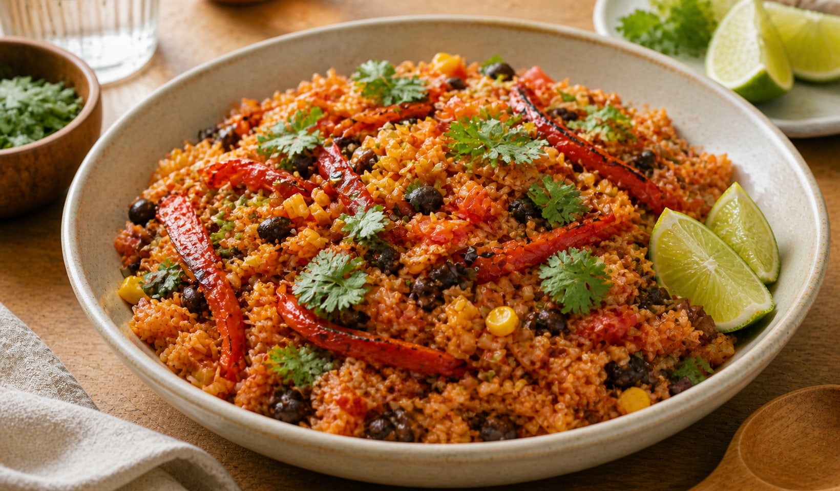 Charred Pepper Black Bean Fajita Rice plated and ready to serve.