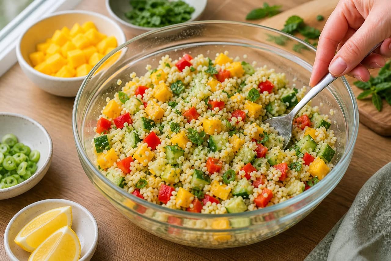 Chicken Mango Couscous Salad Boxes cooking step 1: Prep the chicken and salad.